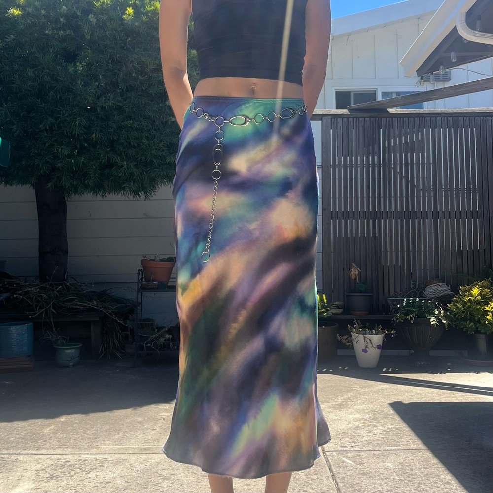 Super funky and colourful silk tie dye midi skirt
